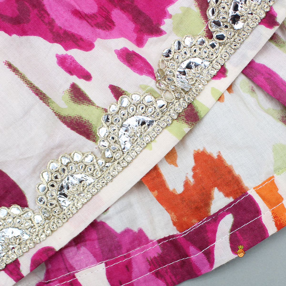 Tassels Enhanced Multicolour Printed Kurti And Sharara With Scalloped Lace Detail Pink Dupatta