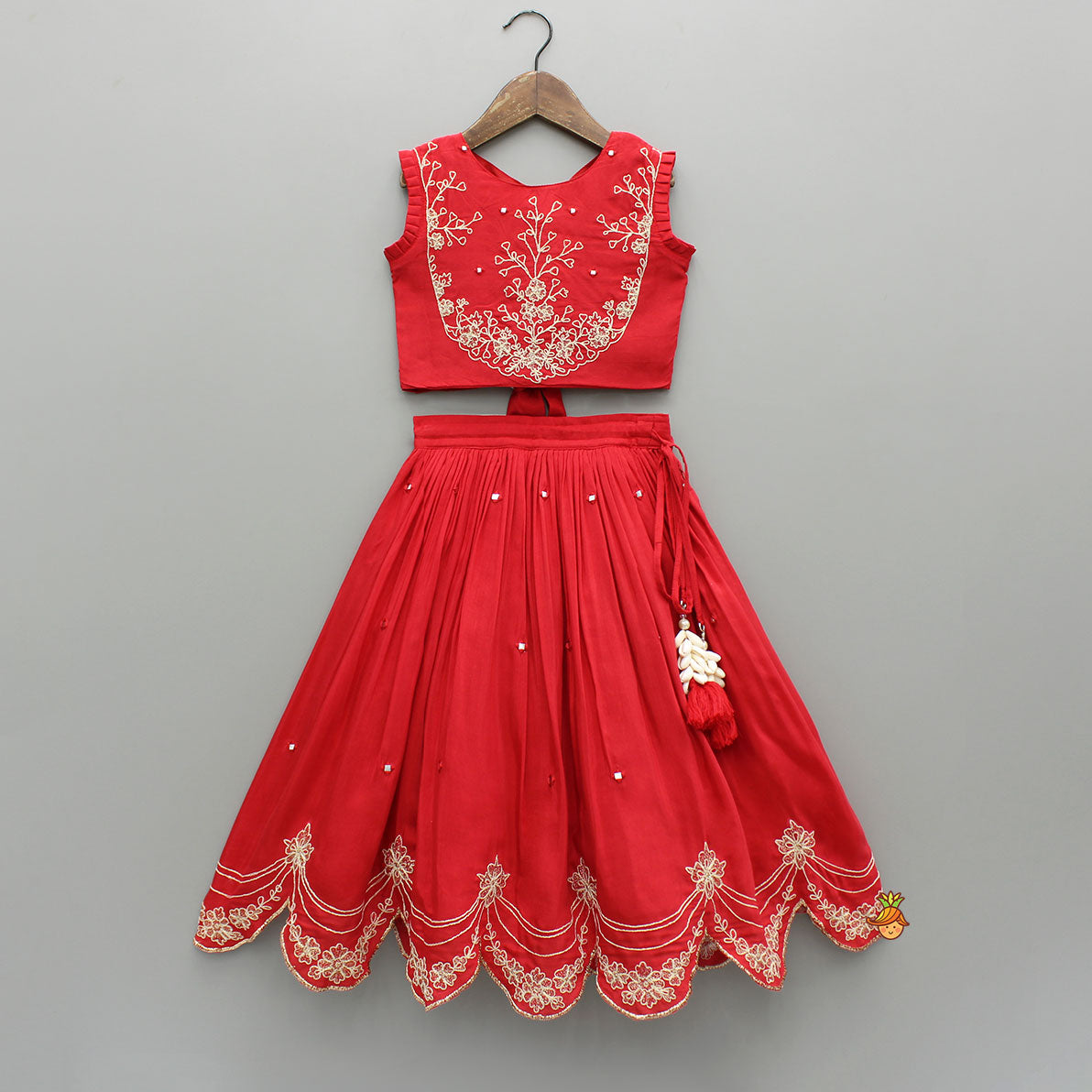 Dual Back Knot Detail Red Top And Tassels Enhanced Lehenga