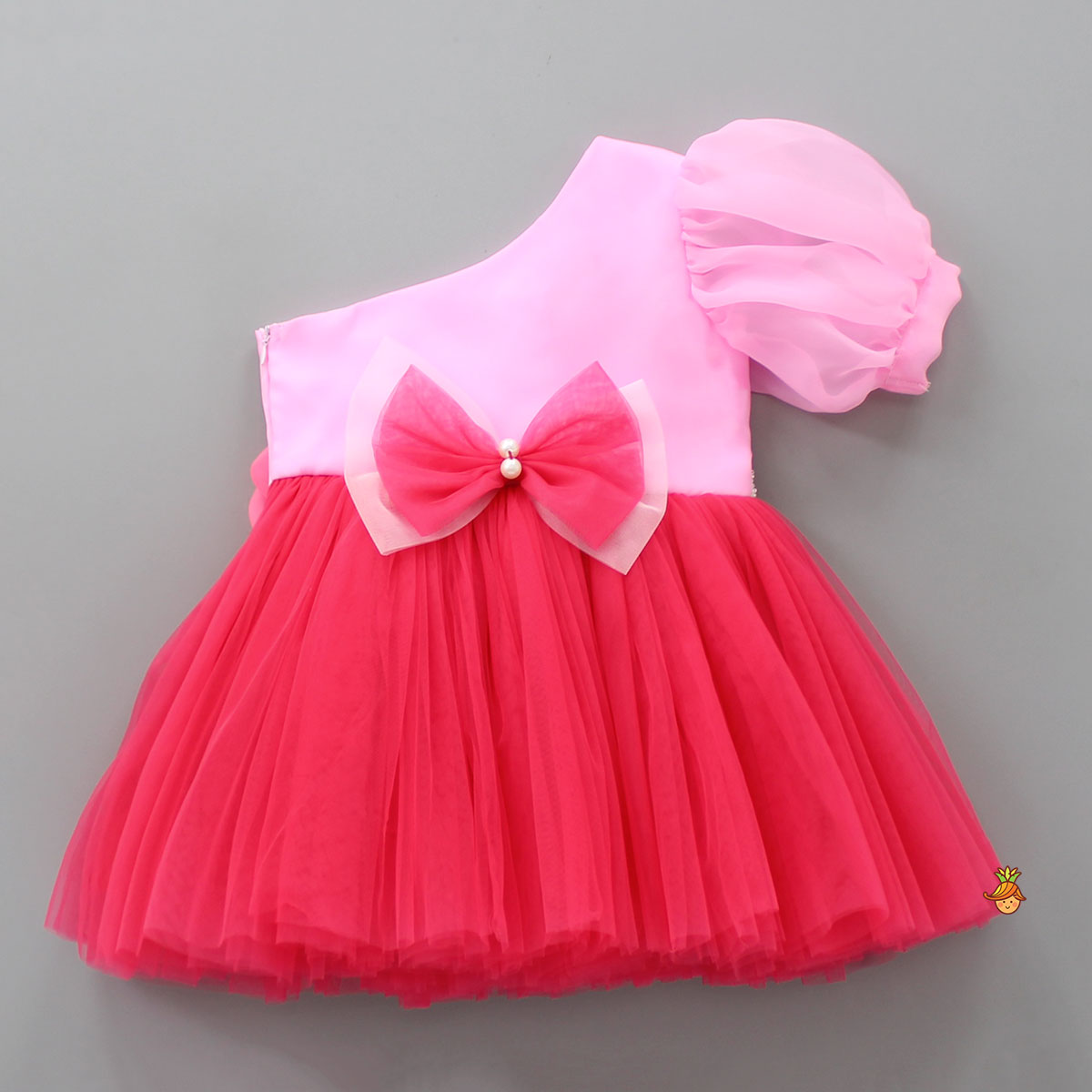One Shoulder Swirled Flower Enhanced Flared Pink And Red Dress