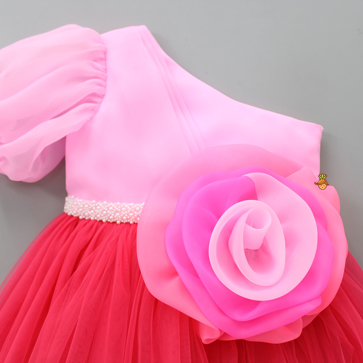 One Shoulder Swirled Flower Enhanced Flared Pink And Red Dress