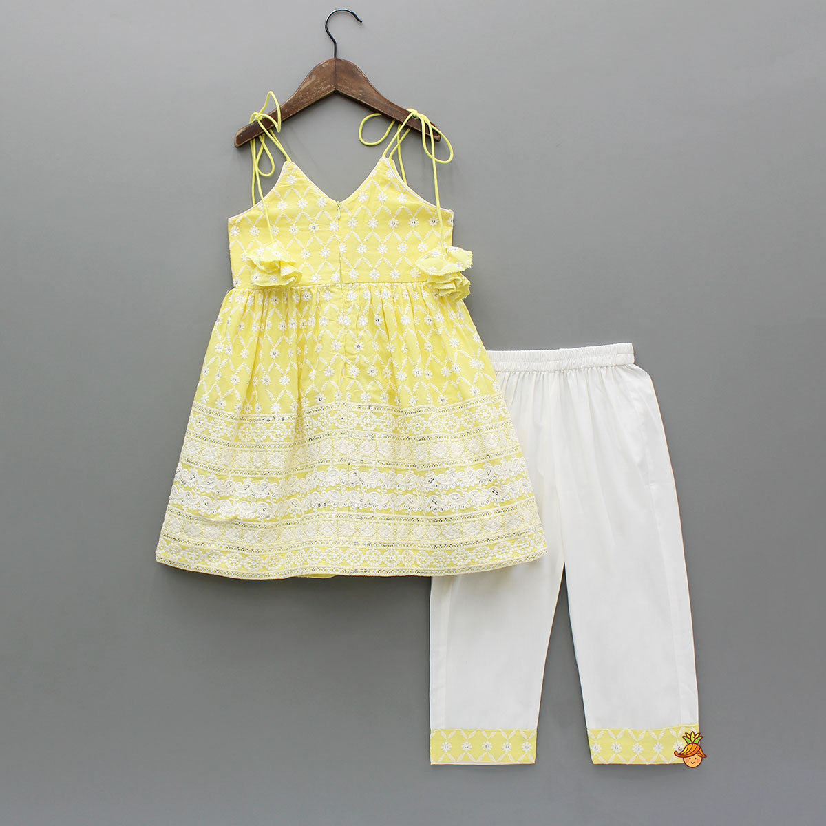 Strappy V Neck Embroidered Yellow Kurti And Pant With Sling Bag