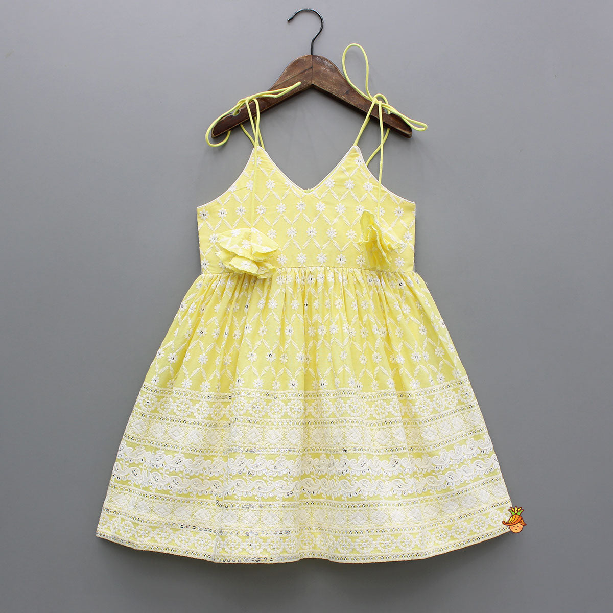 Strappy V Neck Embroidered Yellow Kurti And Pant With Sling Bag