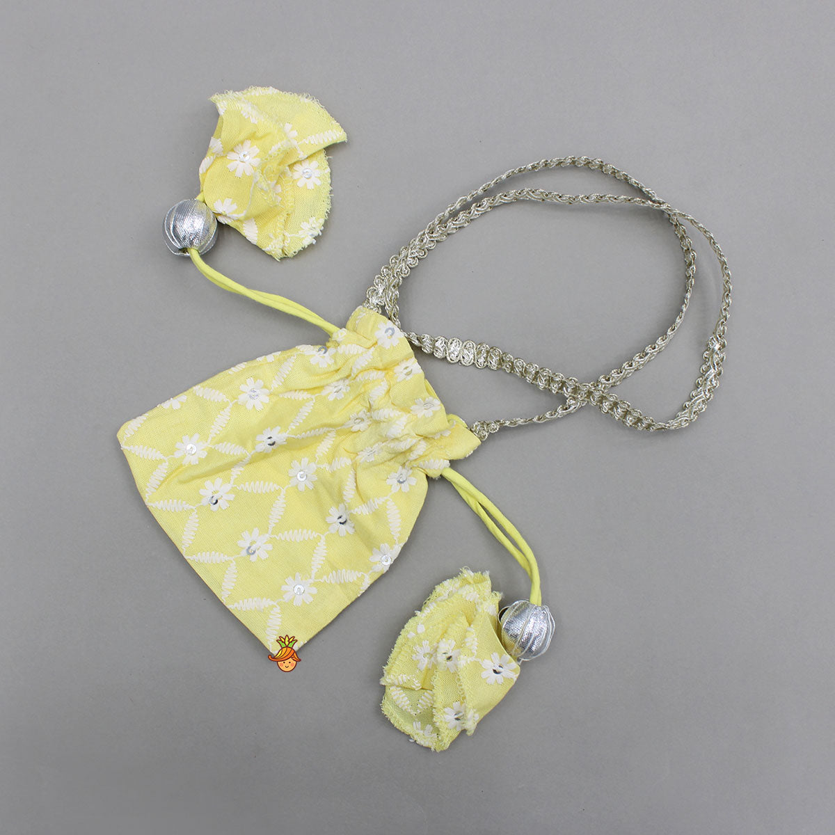 Strappy V Neck Embroidered Yellow Kurti And Pant With Sling Bag