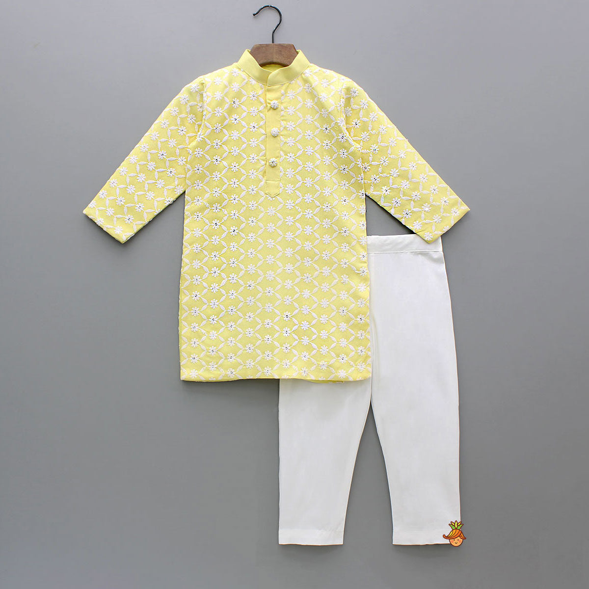 Ethnic Sequins And Thread Embroidered Yellow Kurta With Pyjama