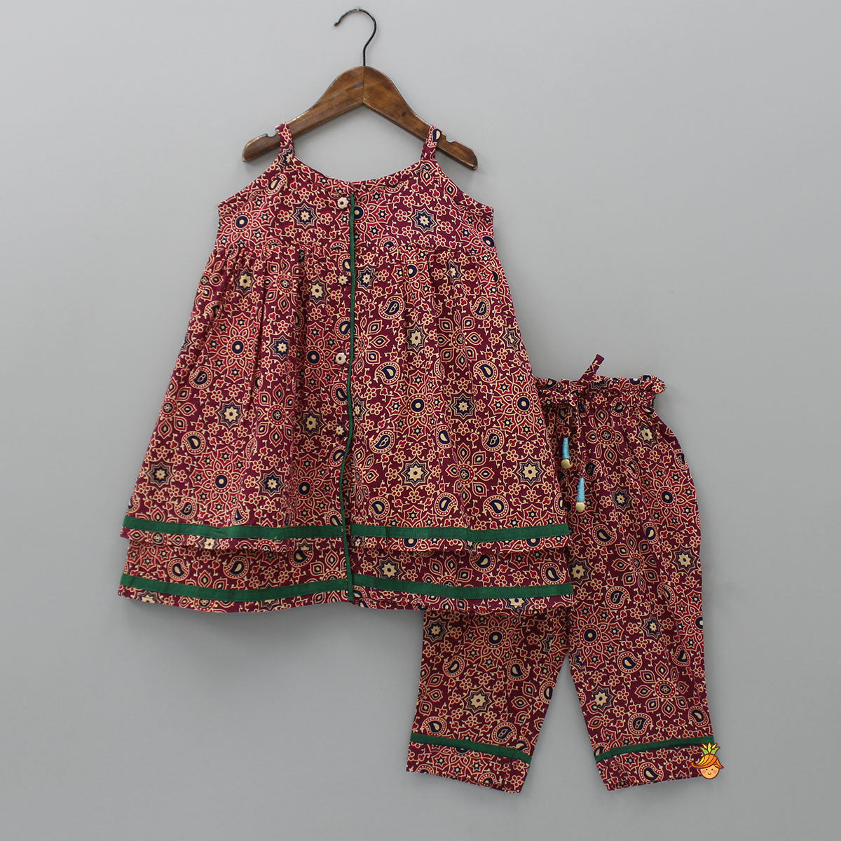 Printed Red Layered Tunic Top With Pant