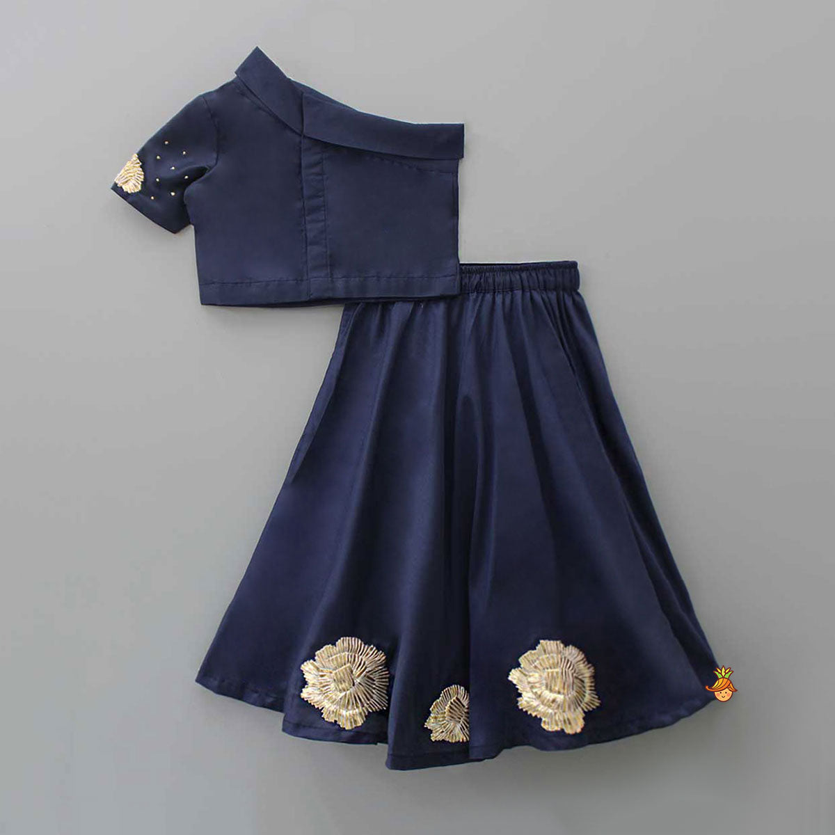 One Shoulder Blue Top And Floral Lehenga