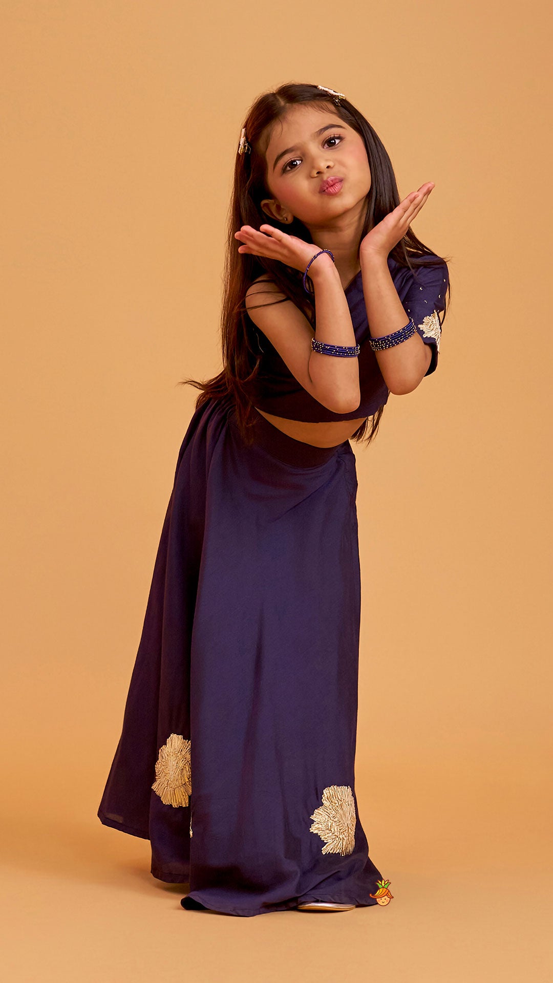 One Shoulder Blue Top And Floral Lehenga