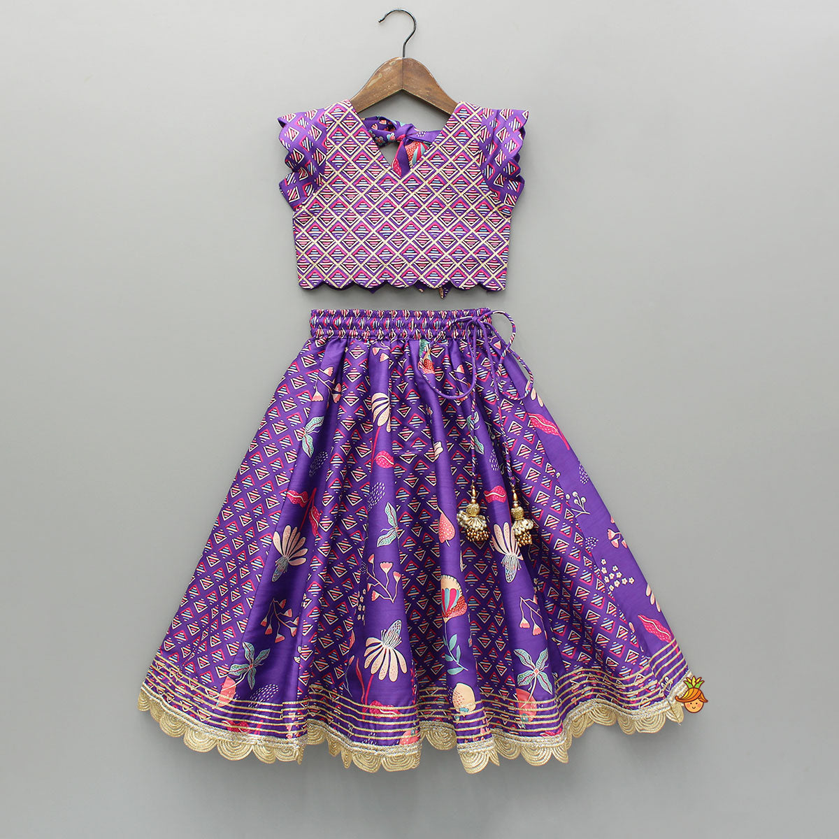 Scalloped Hem V Neck Purple Top And Lehenga With Matching Hair Band