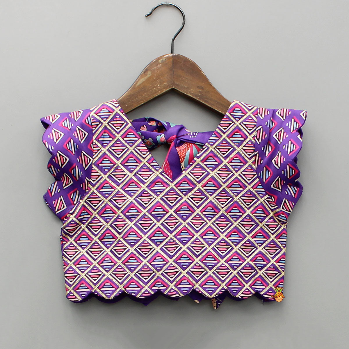 Scalloped Hem V Neck Purple Top And Lehenga With Matching Hair Band