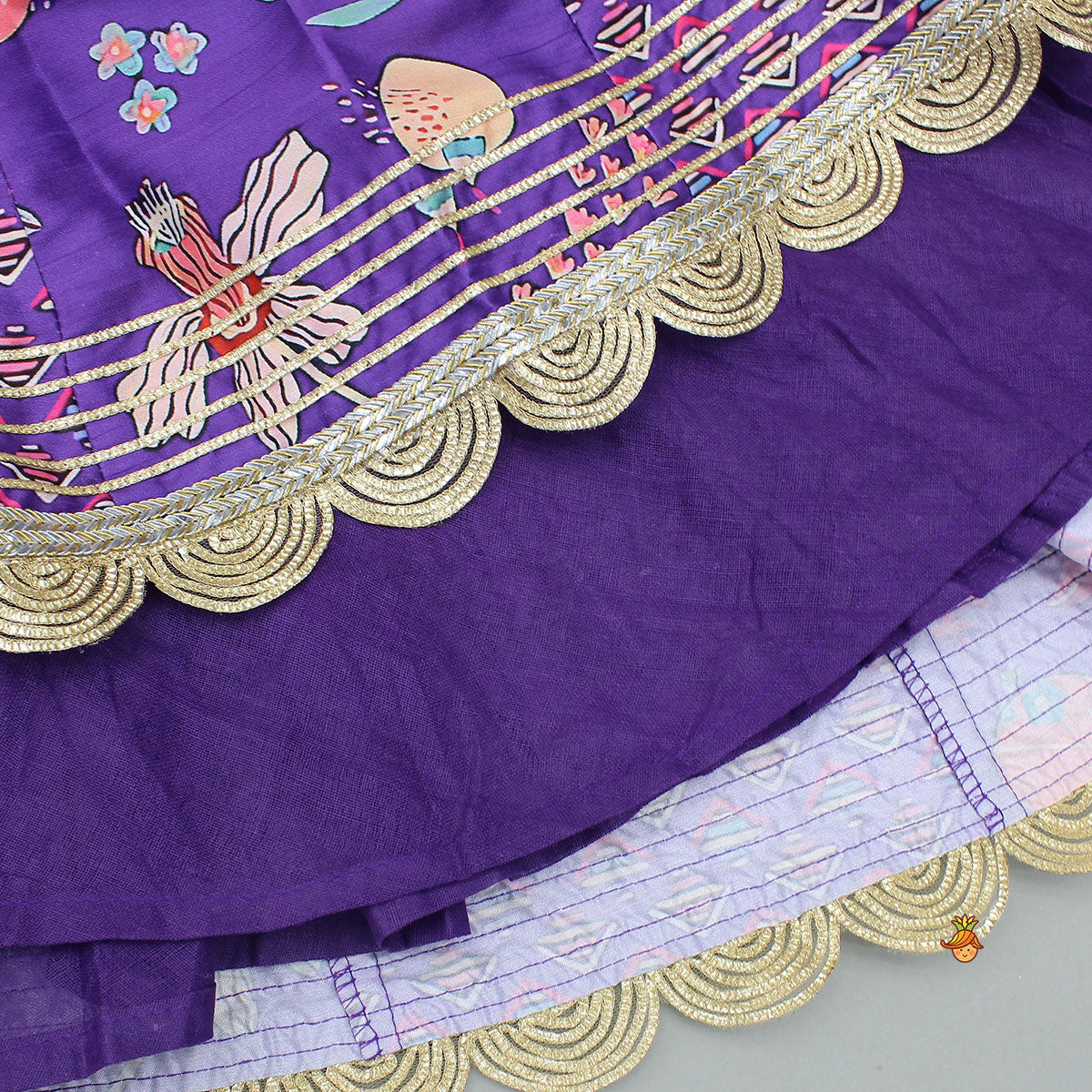 Scalloped Hem V Neck Purple Top And Lehenga With Matching Hair Band