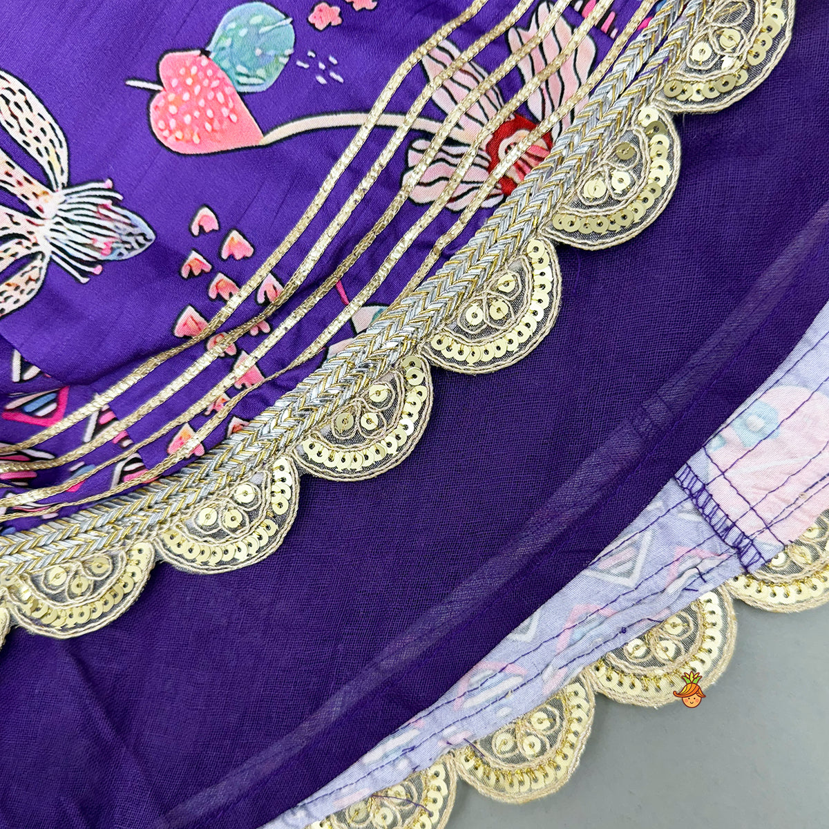 Scalloped Hem V Neck Purple Top And Lehenga With Matching Hair Band