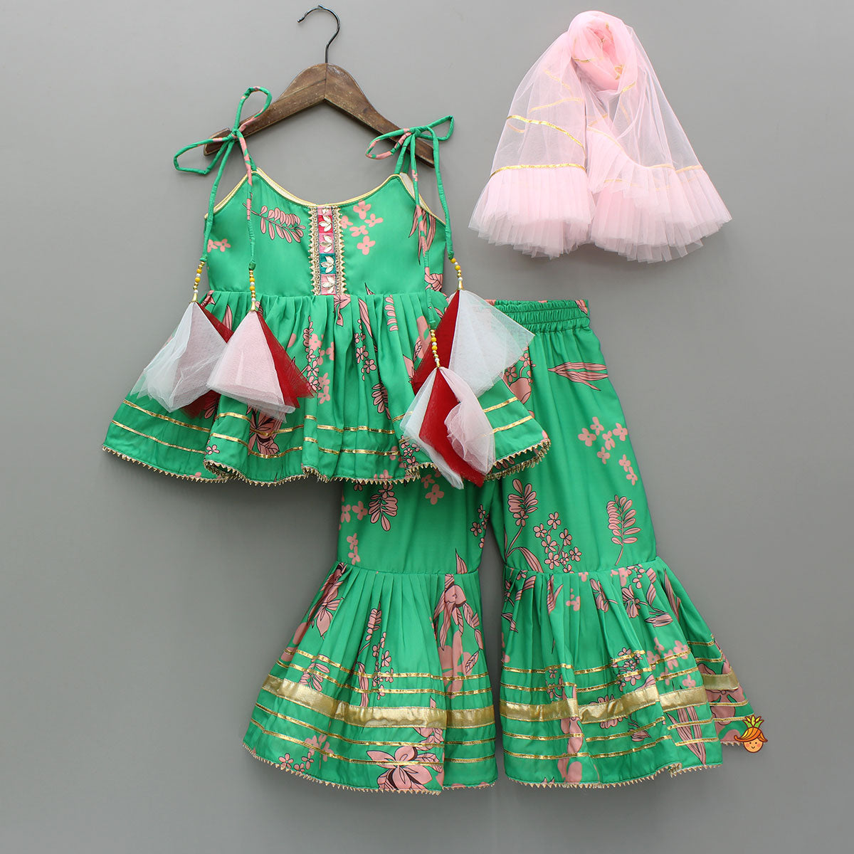 Green Top And Sharara With Pink Floral Prints And Net Dupatta