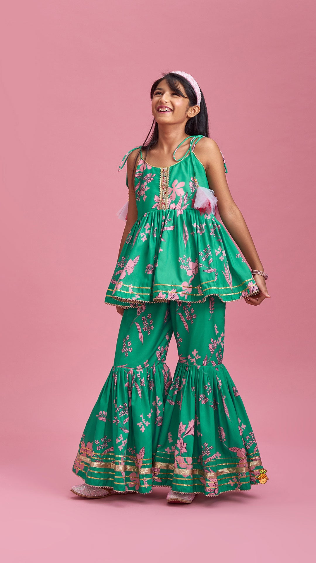 Green Top And Sharara With Pink Floral Prints And Net Dupatta