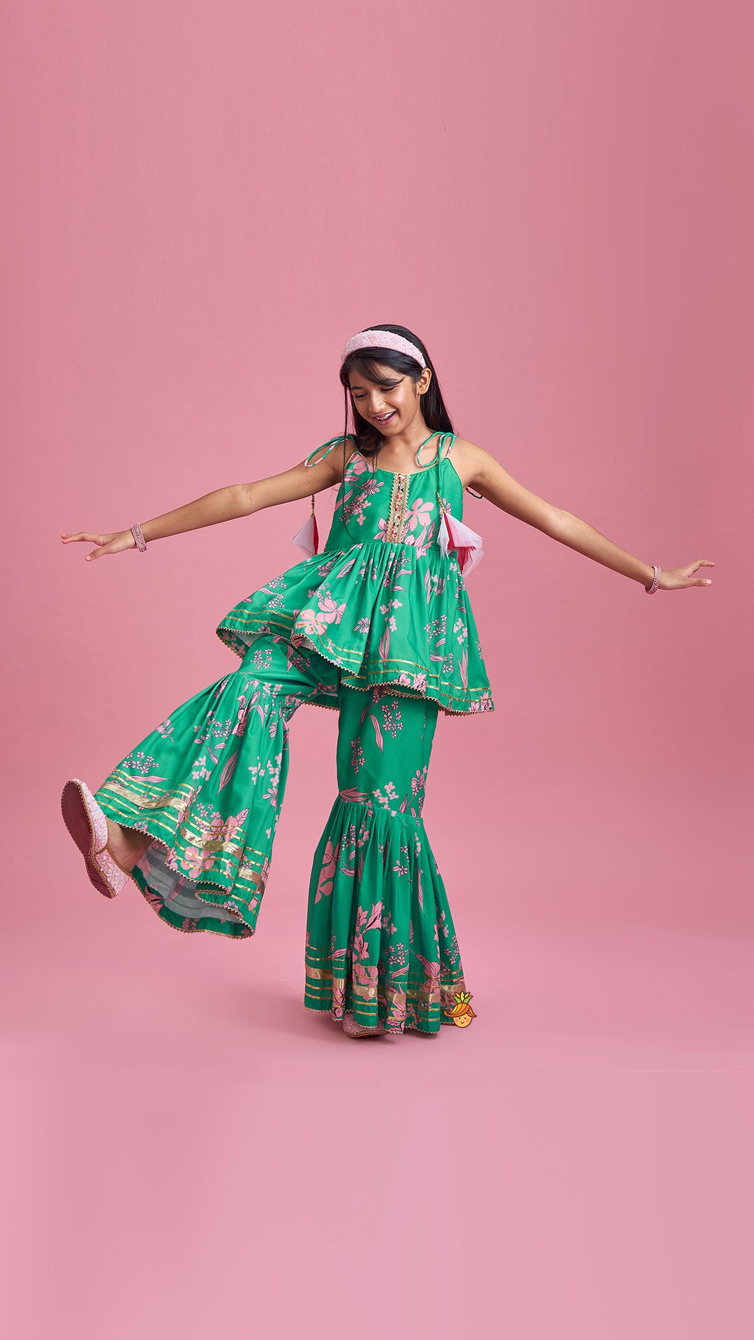 Green Top And Sharara With Pink Floral Prints And Net Dupatta