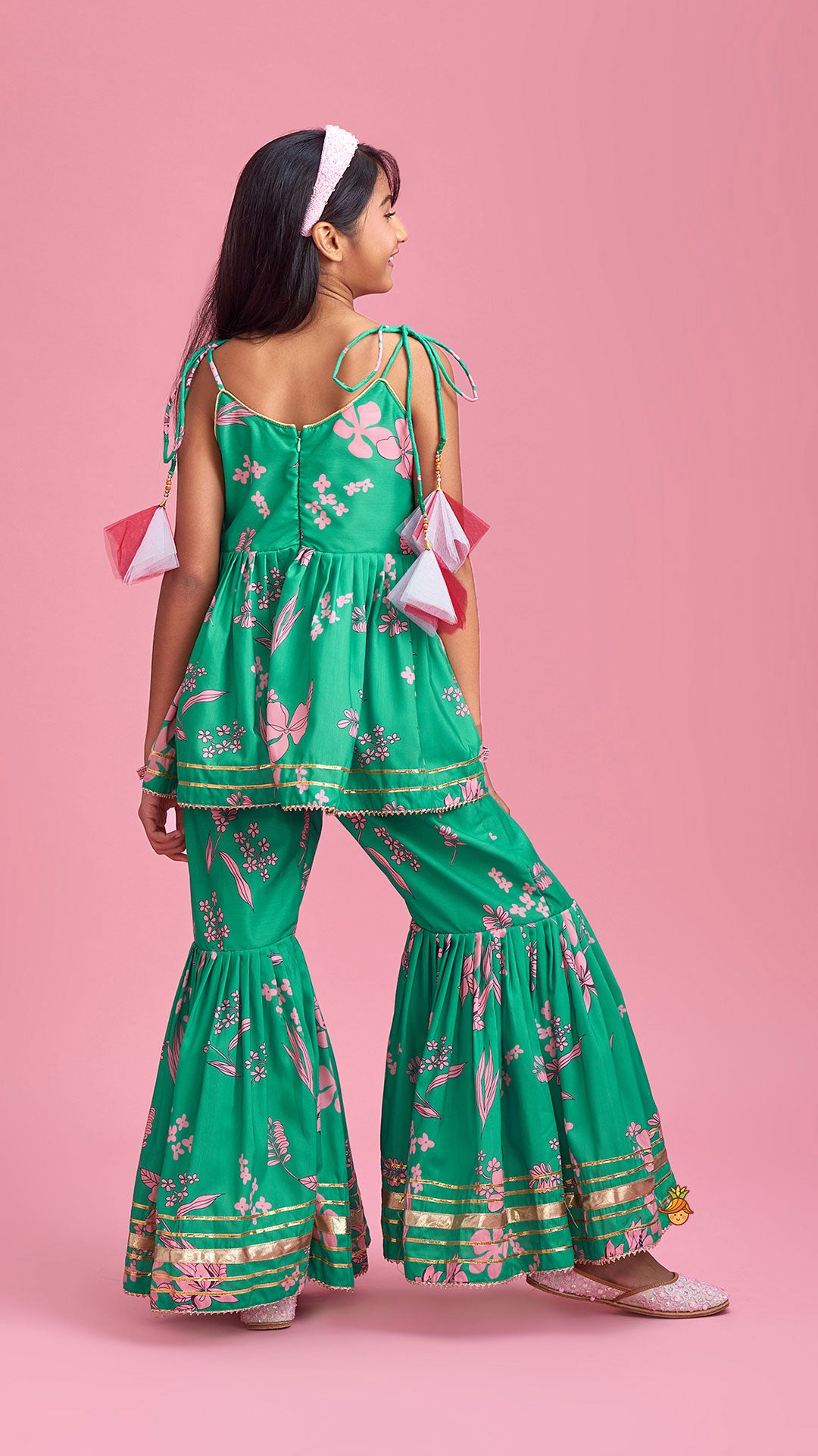 Green Top And Sharara With Pink Floral Prints And Net Dupatta