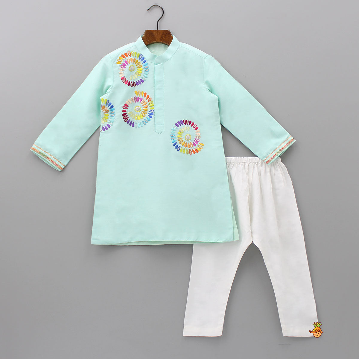 Pre Order: Colourful Thread Embroidered Green Kurta And Pyjama