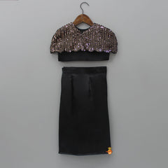 Pre Order: Black Crop Top With Sequined Scalloped Cape And Dhoti Style Skirt