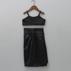 Pre Order: Black Crop Top With Sequined Scalloped Cape And Dhoti Style Skirt