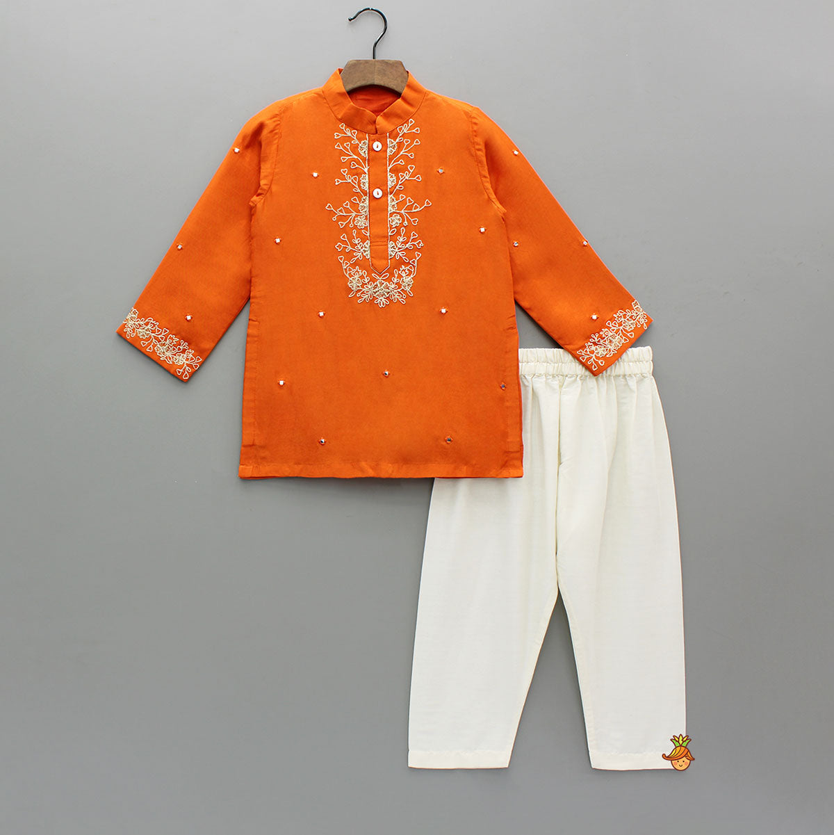 Orange Faux Mirror Work Kurta With Pyjama