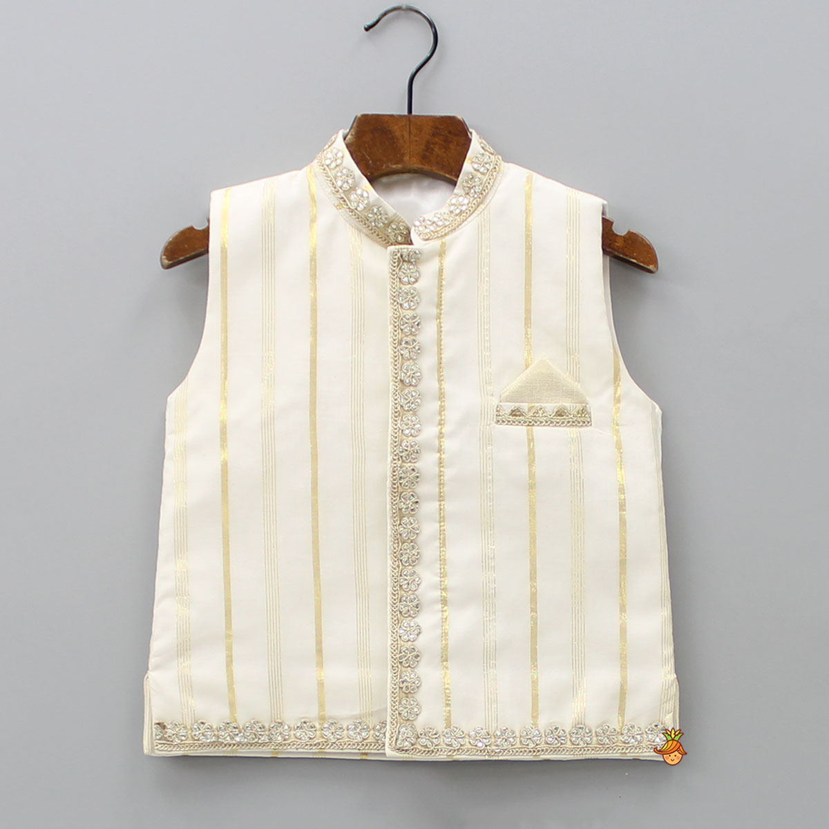 Off White Embroidered Cotton Kurta With Shimmery Pocket Square Jacket And Pyjama