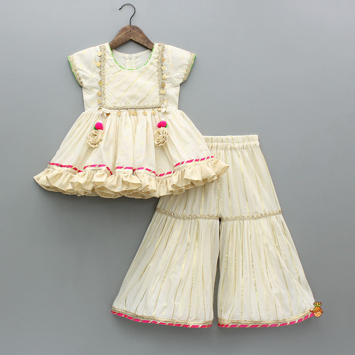 Striped Yoke Off-White Top And Sharara With Fringed Dupatta