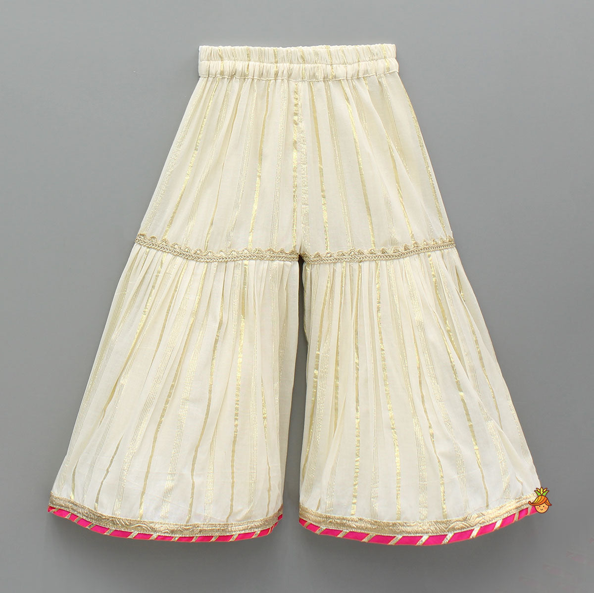 Striped Yoke Off-White Top And Sharara With Fringed Dupatta