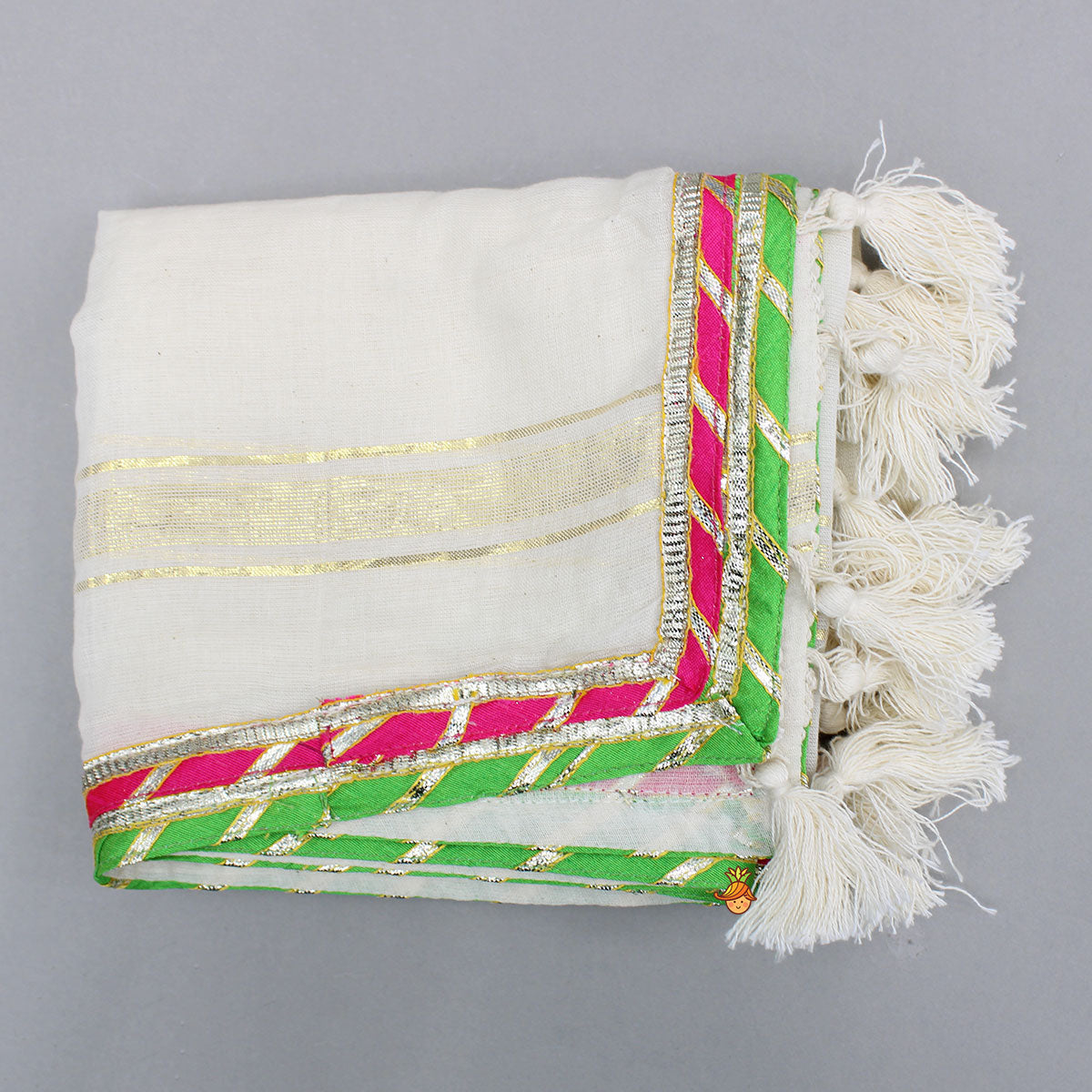 Striped Yoke Off-White Top And Sharara With Fringed Dupatta