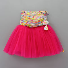 Pre Order: Pleated Pink Crop Top With Multicolour Jacket And Fish Cut Lehenga