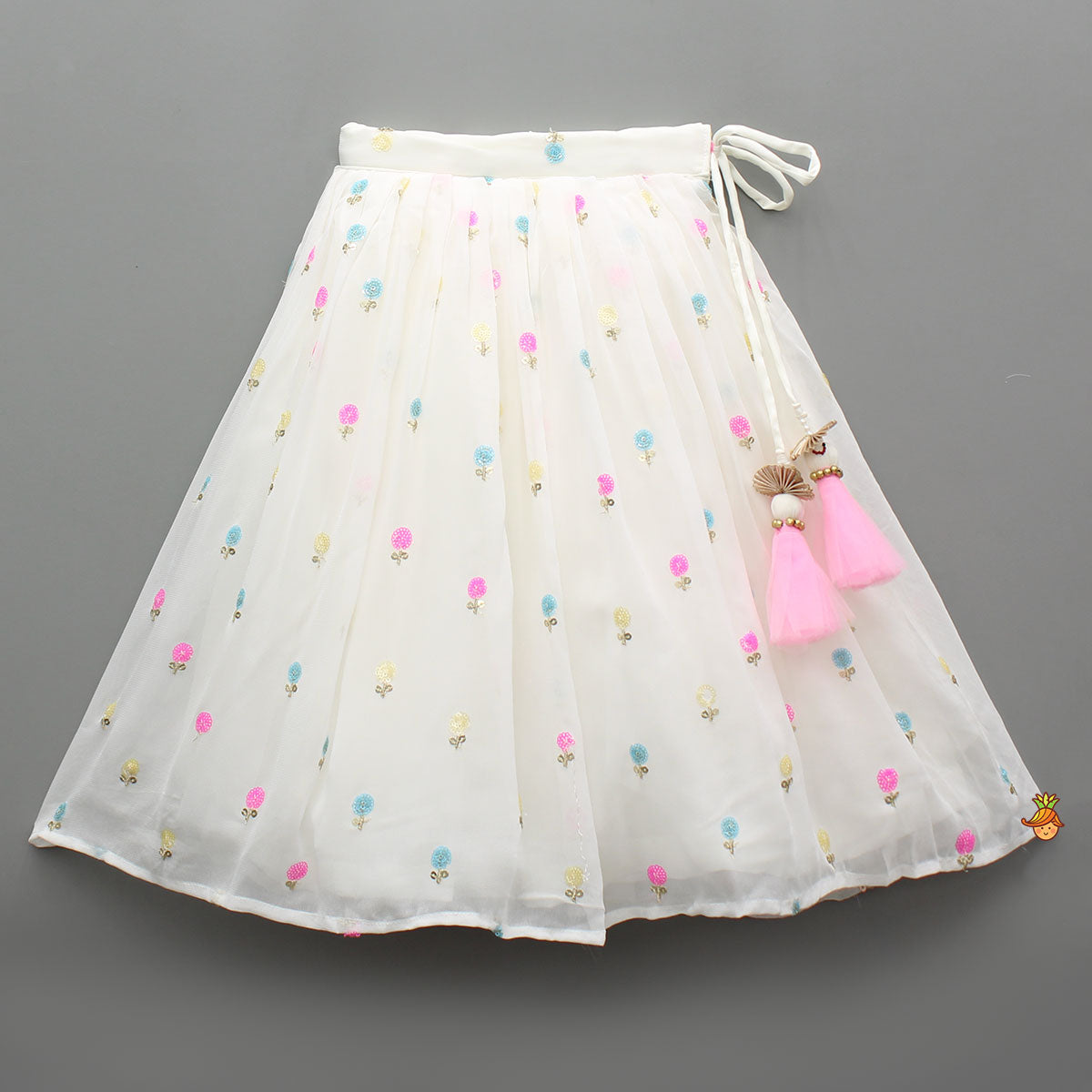 Embroidered Off-White Top And Lehenga With Contrasting Pink Net Dupatta And Potli Bag