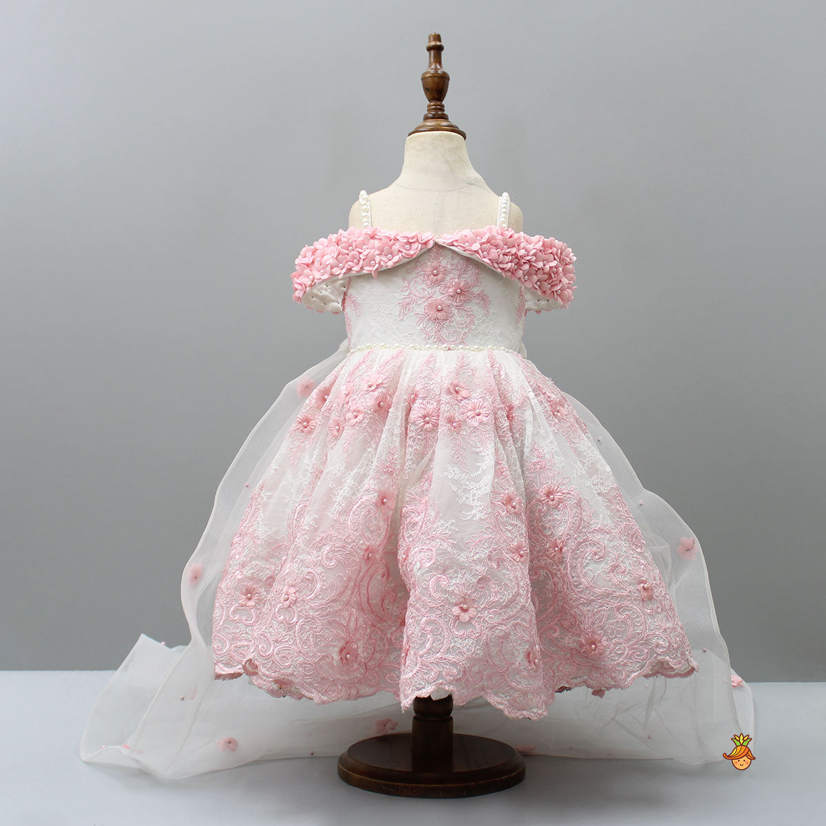 Off Shoulder Fabric Flowers Adorned Wings Gown With Detachable Trail And Matching Hair Clip