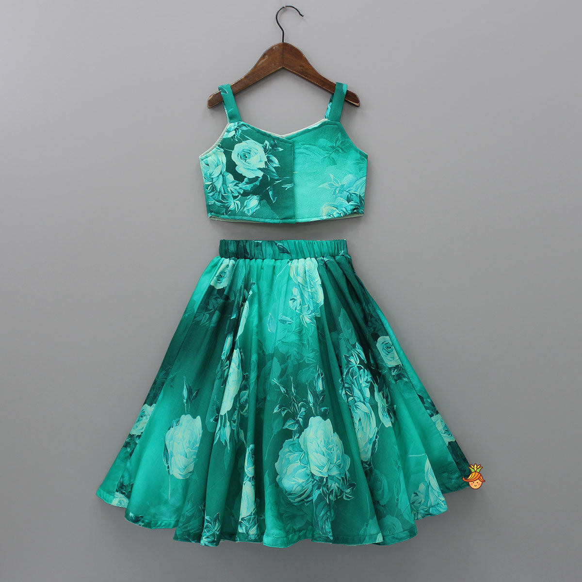 Vibrant Floral Printed Green Stylish Crop Top And Lehenga
