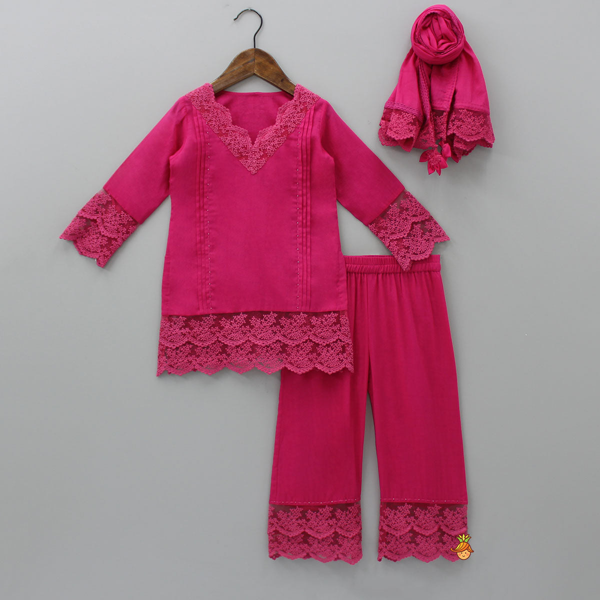 Pre Order: Splendid Pink Lace Kurti And Pant With Matching Dupatta