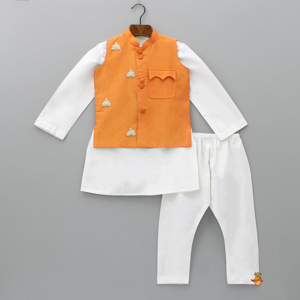 Pre Order: Ethnic Kurta With Patch Pocket Orange Jacket And Pyjama