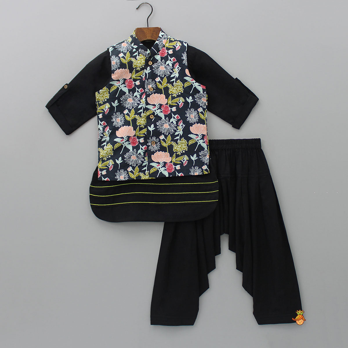 Pre Order: Curved Hem Black Kurta With Front Buttons Detail Floral Jacket And Salwar