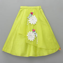 Pre Order: Sequins Embroidered Green Top And Fabric Flowers Adorned Flap Lehenga