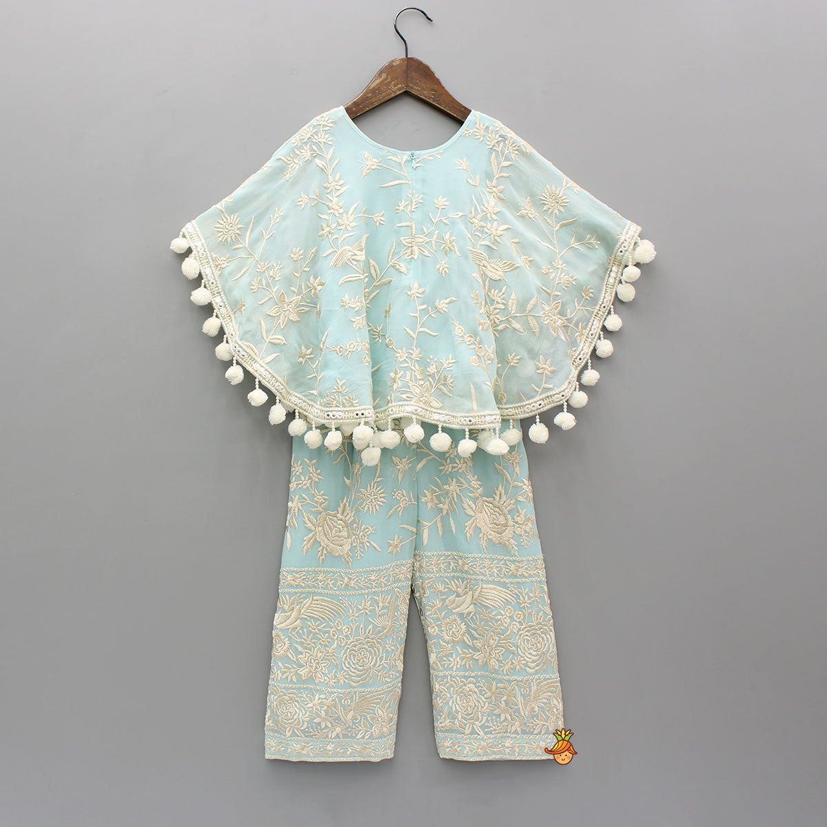 Blue Top With Pom Poms Detailed Embroidered Cape And Palazzo