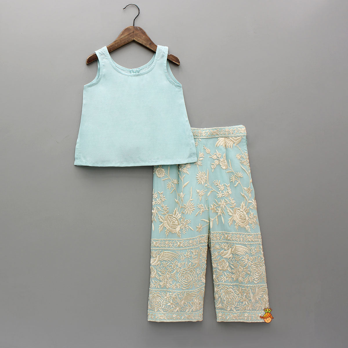 Blue Top With Pom Poms Detailed Embroidered Cape And Palazzo