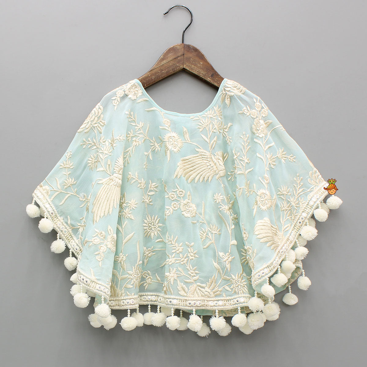 Blue Top With Pom Poms Detailed Embroidered Cape And Palazzo