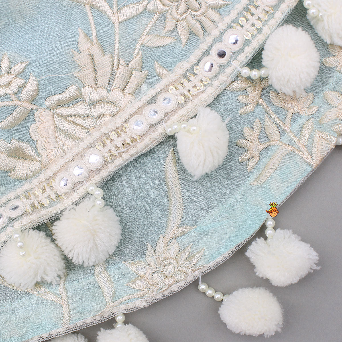 Blue Top With Pom Poms Detailed Embroidered Cape And Palazzo