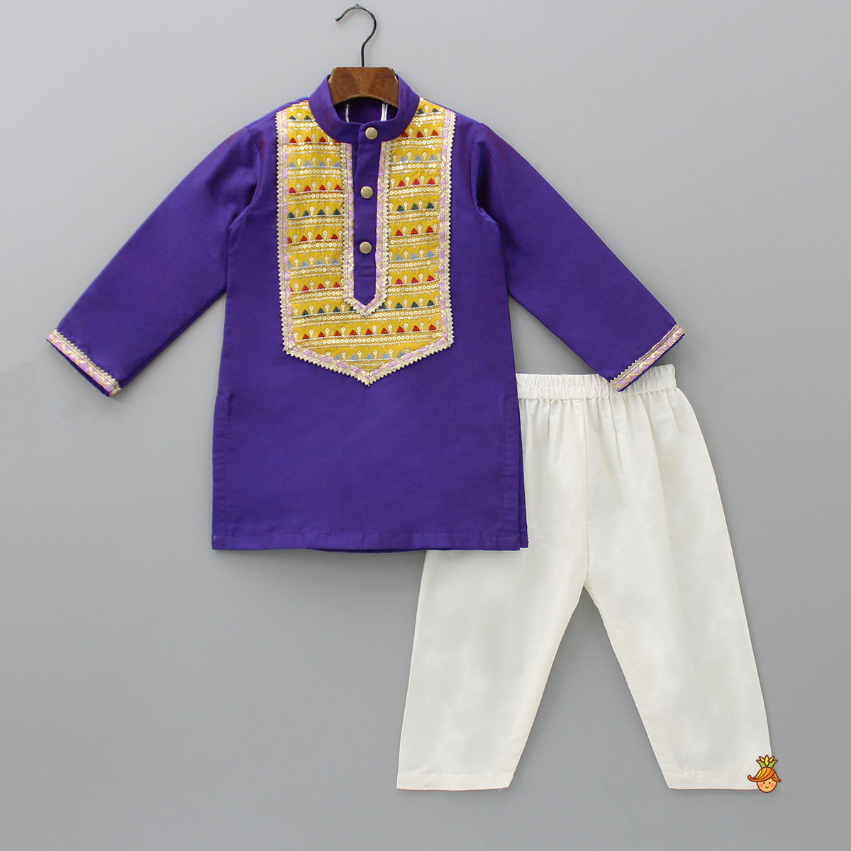 Pre Order: Contrasting Embroidered Yoke Purple Kurta And Pyjama