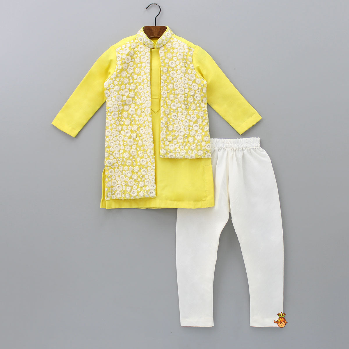 Pre Order: Yellow Mandarin Collar Jacket Style Kurta And Churidar