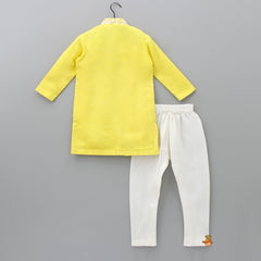 Pre Order: Yellow Mandarin Collar Jacket Style Kurta And Churidar