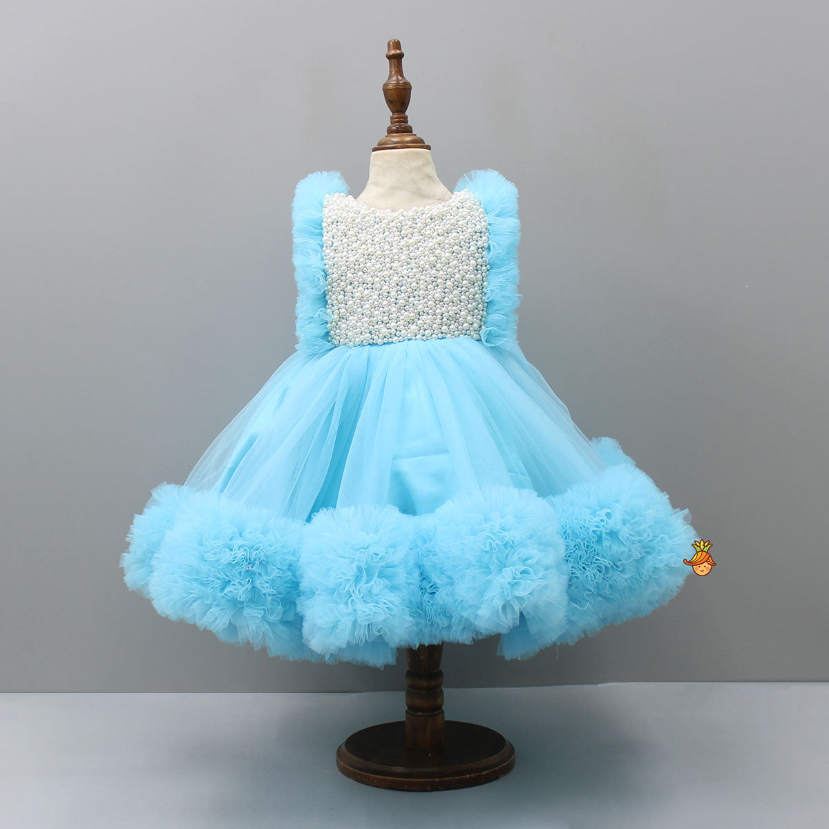 Embroidered Yoke Ruffle Hem Blue Dress With Detachable Trail And Matching Head Band