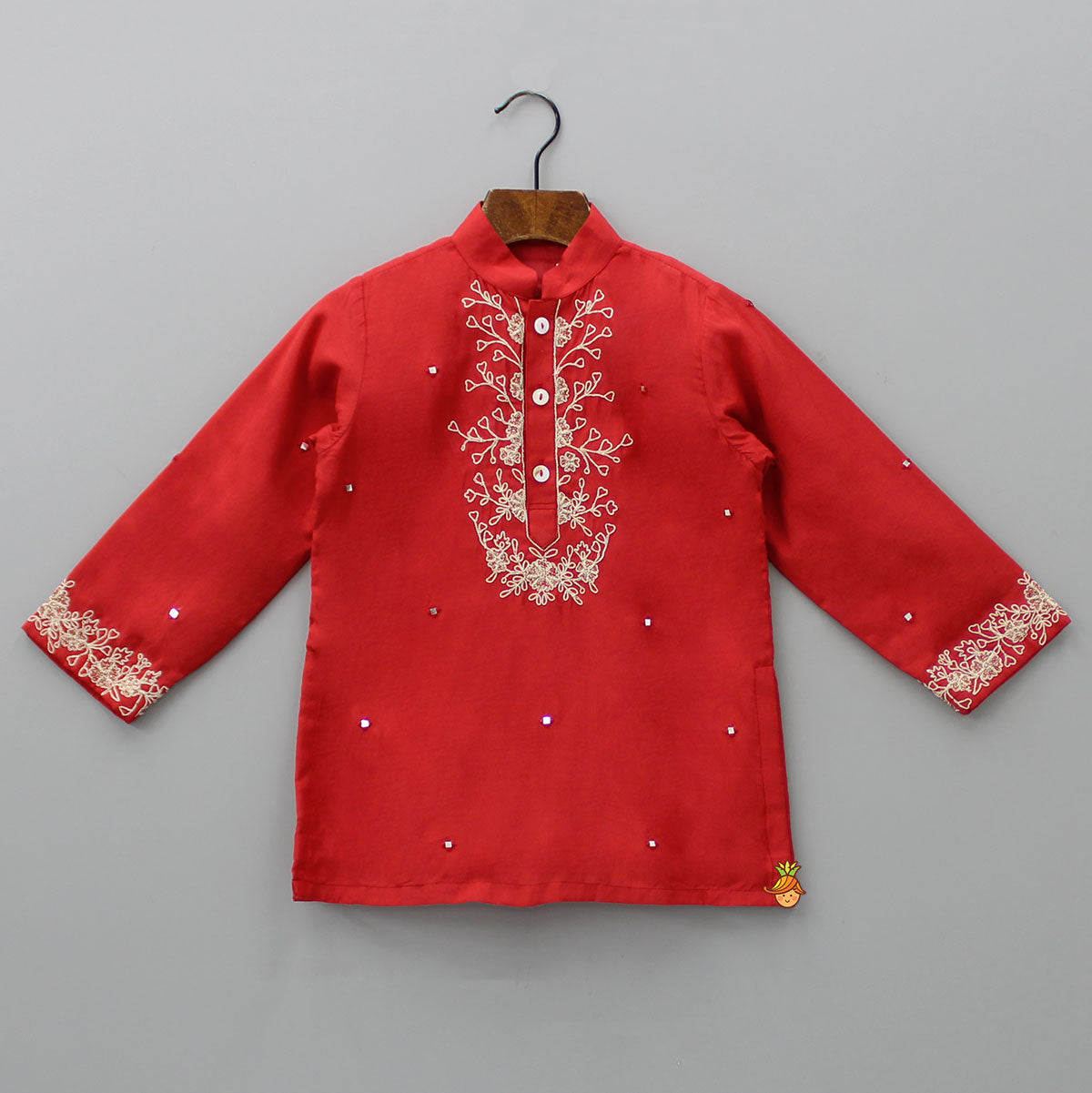 Red Faux Mirror Work Kurta With Pyjama
