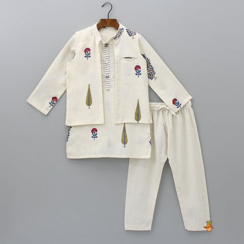 Pre Order: Mandarin Collar Kurta With Pocket Detail Jacket And Pyjama