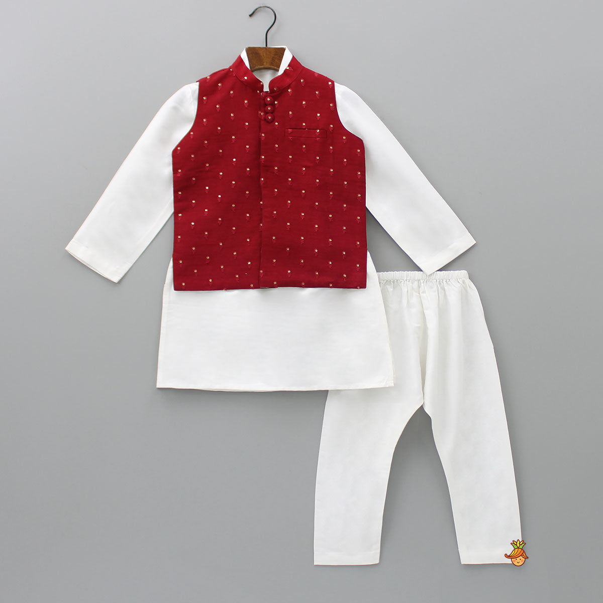 Pre Order: Ethnic Kurta With Booti Embroidered Red Jacket And Pyjama