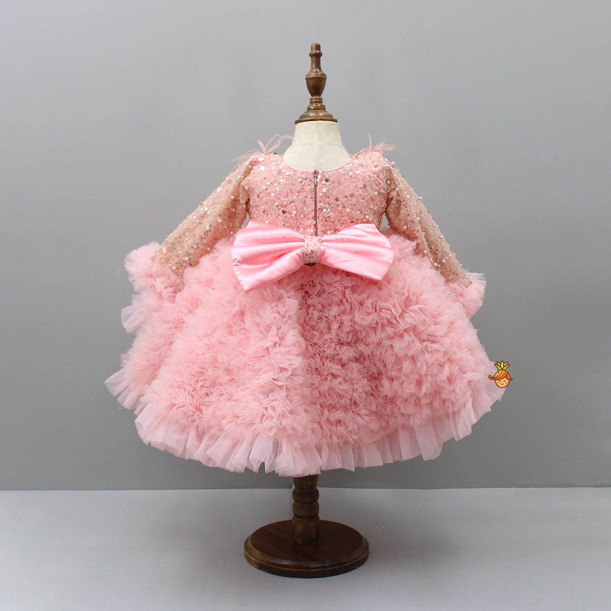 Sequins Embellished Ruffled Peach Dress With Matching Swirled Bowie Headband