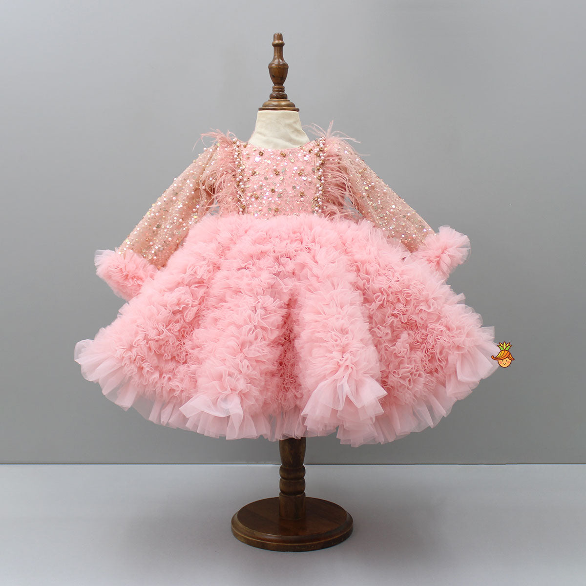 Sequins Embellished Ruffled Peach Dress With Matching Swirled Bowie Headband