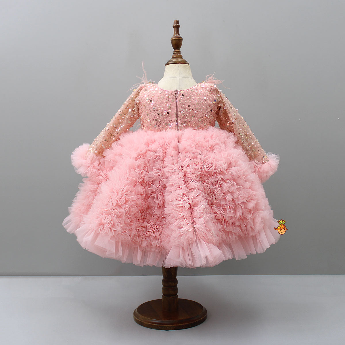 Sequins Embellished Ruffled Peach Dress With Matching Swirled Bowie Headband