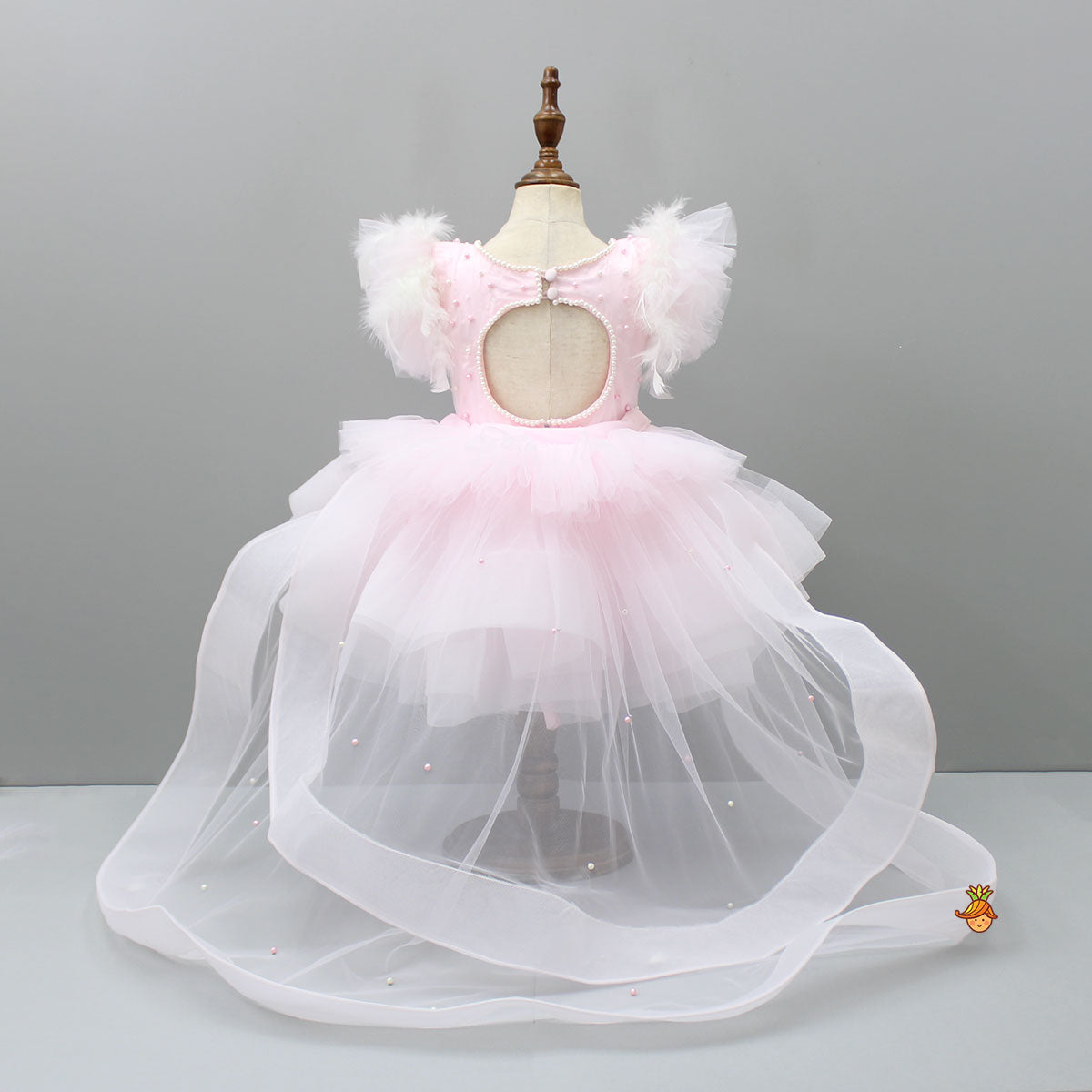 Pleated Yoke Cut-Out Back Pink Dress With Detachable Trail And Matching Headband